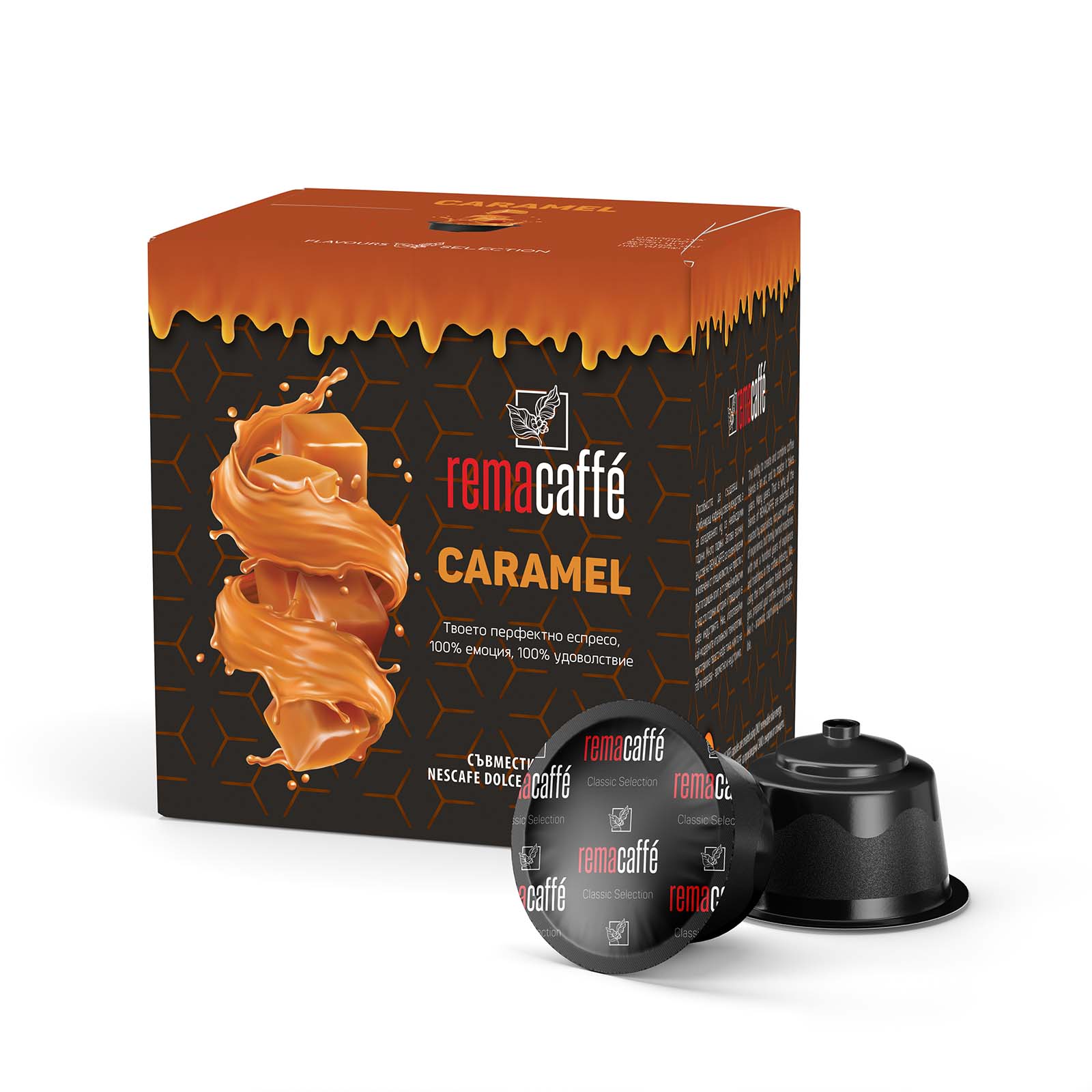 Rema Caffè Caramel Dolce Gusto compatible box and capsules