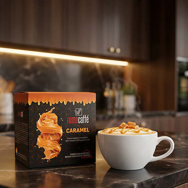 Rema Caffè Caramel Dolce Gusto compatible capsules in a kitchen setting