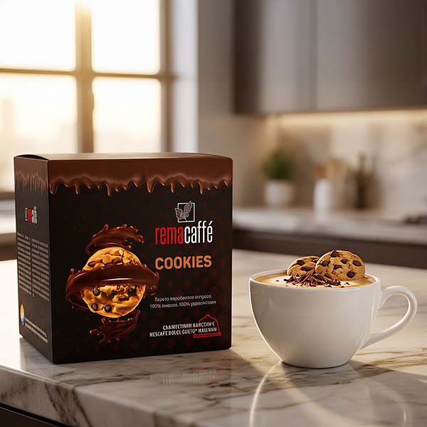 Rema Caffè Cookies Dolce Gusto compatible capsules in a kitchen setting