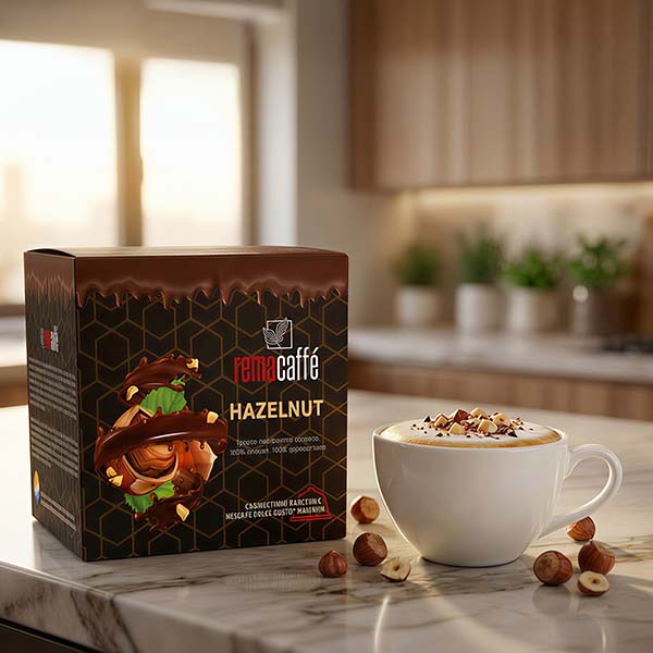 Rema Caffè Hazelnut Dolce Gusto compatible capsules in a kitchen setting
