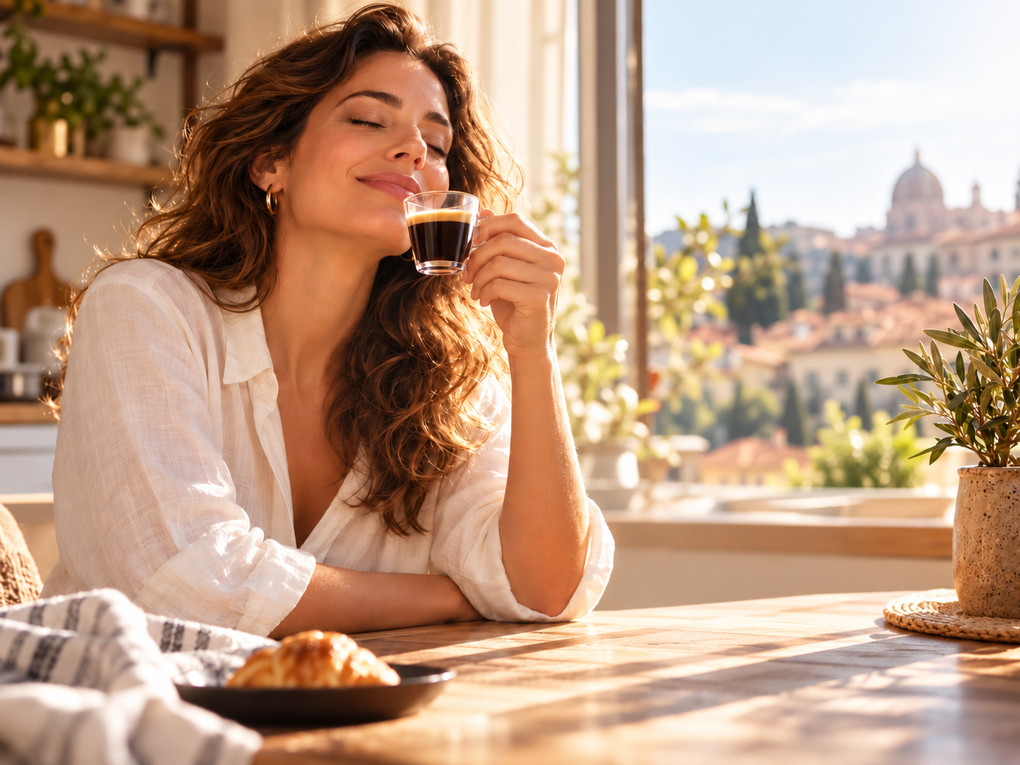 Woman enjoying espresso in a sunlit European-style kitchen with a city view