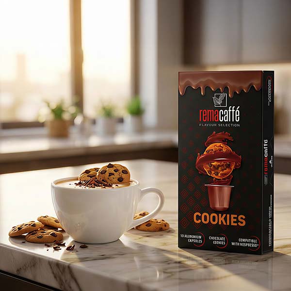 Rema Caffè Cookies coffee capsules with a cup and chocolate cookies